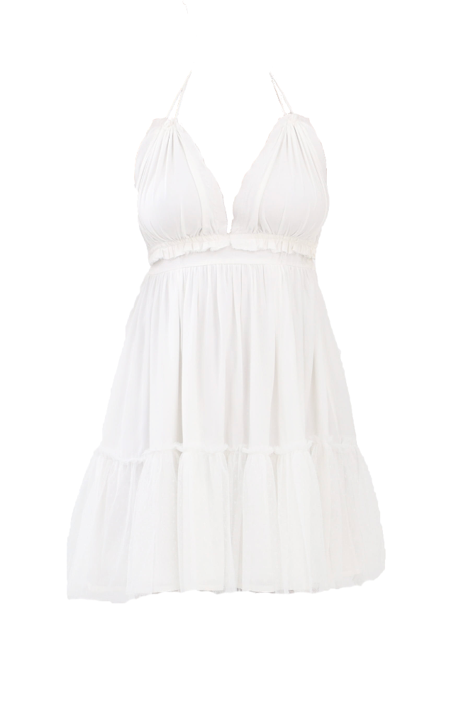 White Ruffled Hem Halter Mini Dress Flatlay