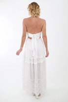 Back of White Ruffled Maxi Dress