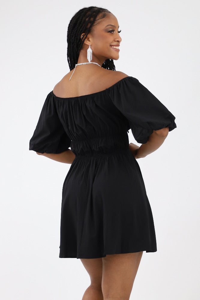 Back of Black Off Shoulder Mini Dress