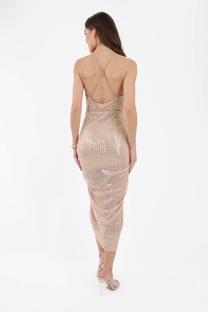 Back of Champagne Sequin Ruched Dress