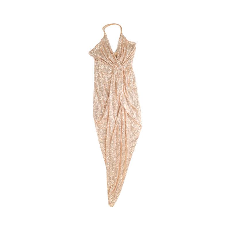 Champagne Sequin Ruched Dress Flatlay