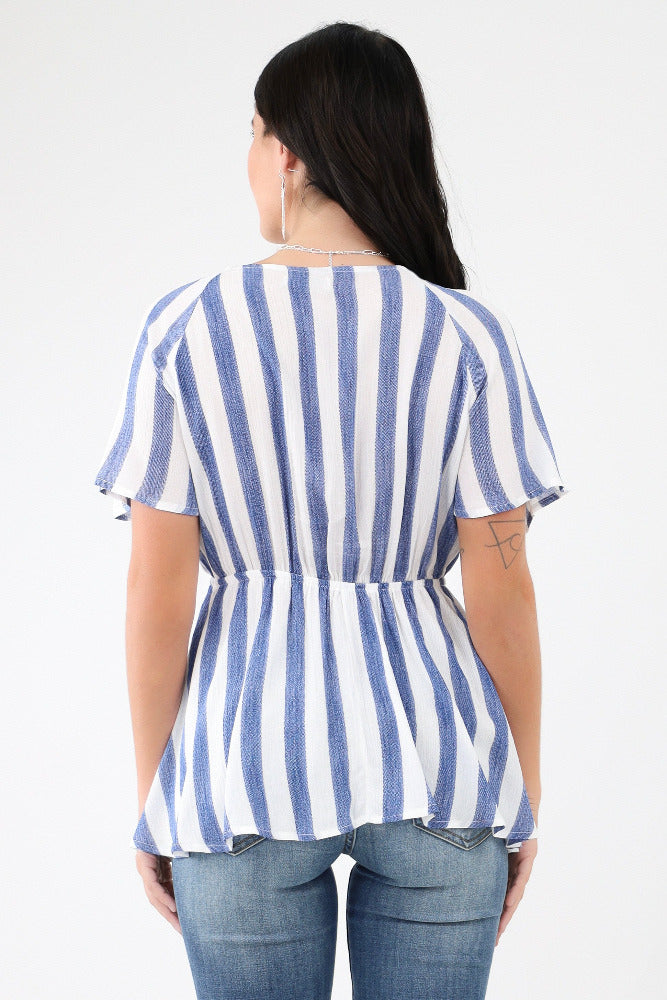 Back of Blue Striped Woven Front Tie Top