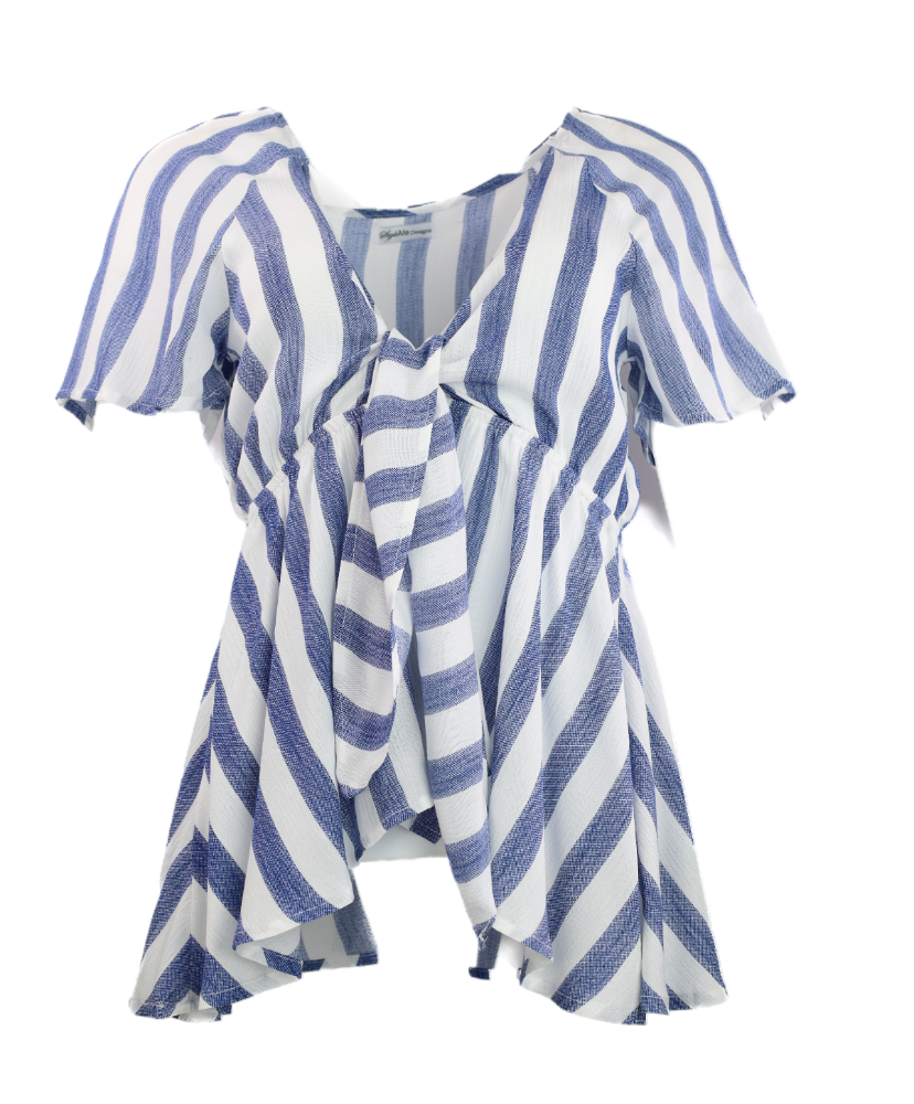 Blue Striped Woven Front Tie Top Flatlay