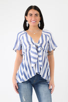 Blue Striped Woven Front Tie Top