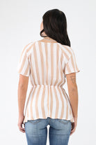 Back of Mocha Striped Woven Front Tie Top