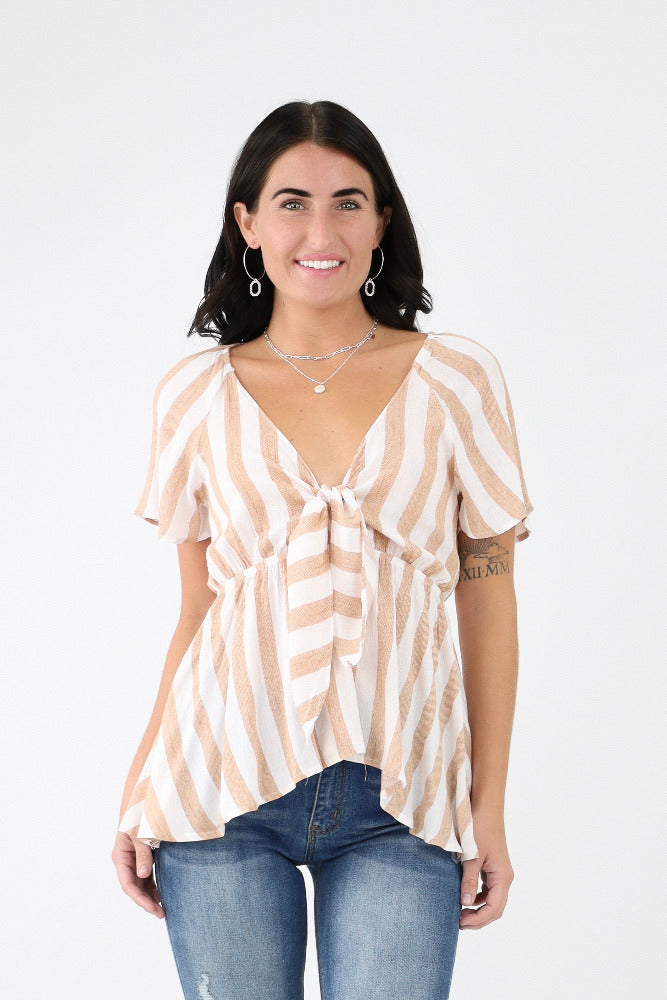 Mocha Striped Woven Front Tie Top