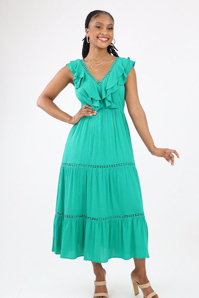 Green V Neck Midi Dress