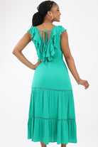 Back of Green V Neck Midi Dress