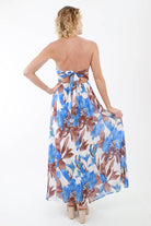 Back of Blue and Brown Flowing Maxi Dress