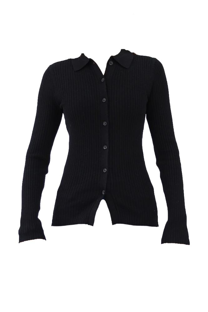 Black Collared Ribbed Cardigan Flatlay