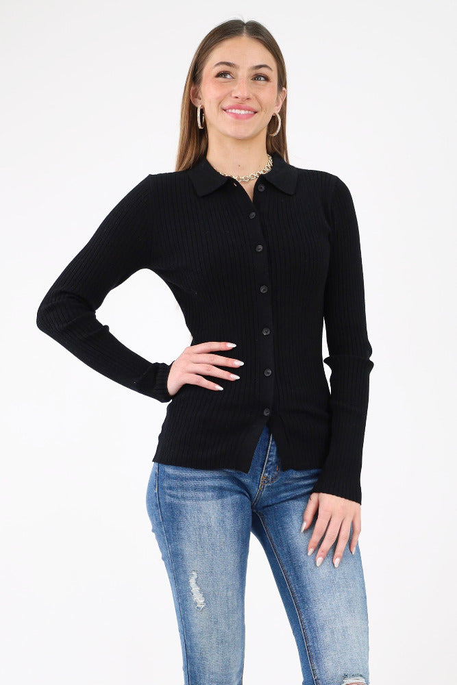 Black Collared Ribbed Cardigan