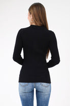 Back of Black Collared Ribbed Cardigan