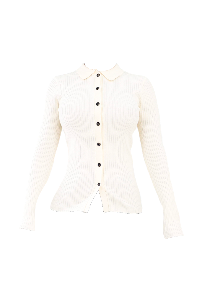 Cream Collared Ribbed Cardigan Flatlay