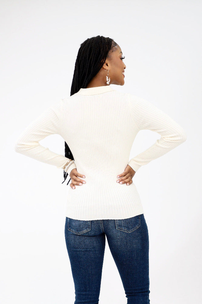 Back of Cream Collared Ribbed Cardigan