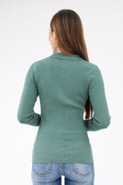 Back of Green Collared Ribbed Cardigan