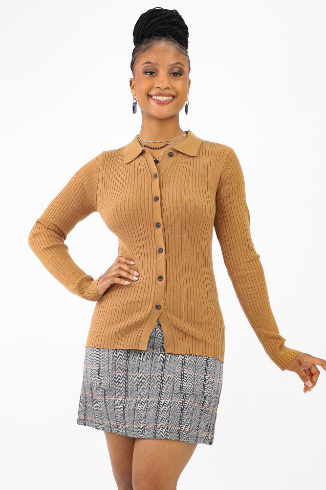 Brown Collared Ribbed Cardigan