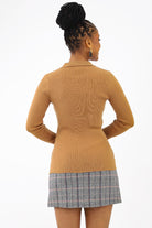 Back of Brown Collared Ribbed Cardigan