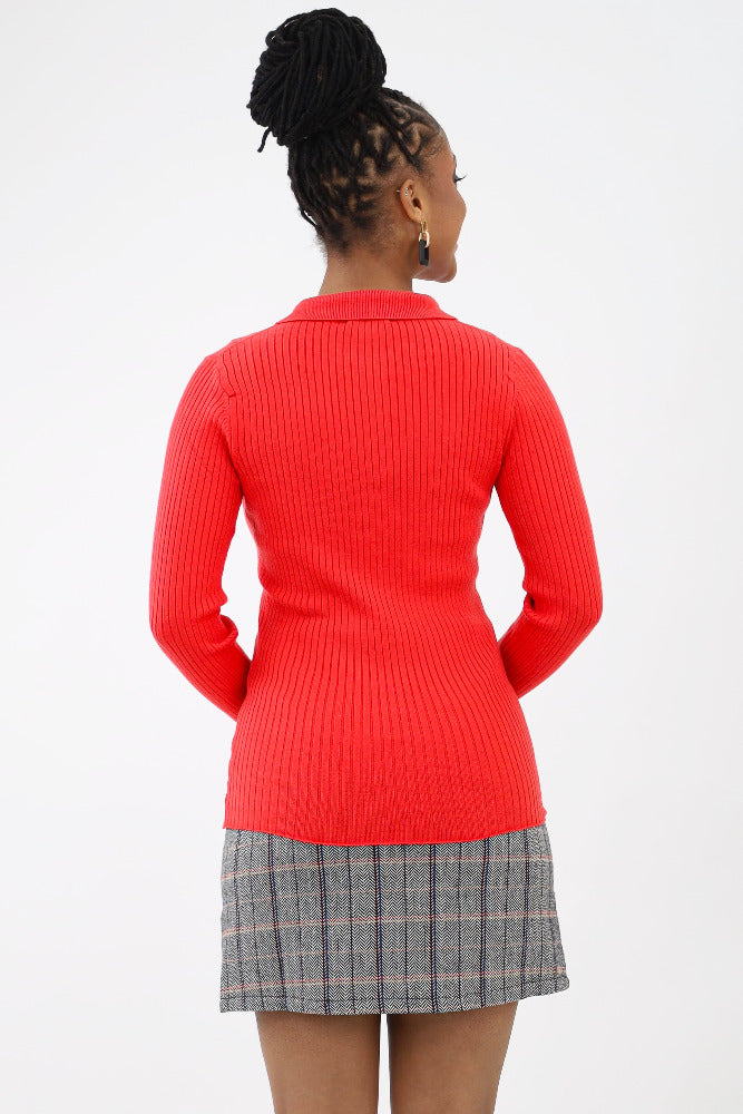 Back of Red Collared Ribbed Cardigan