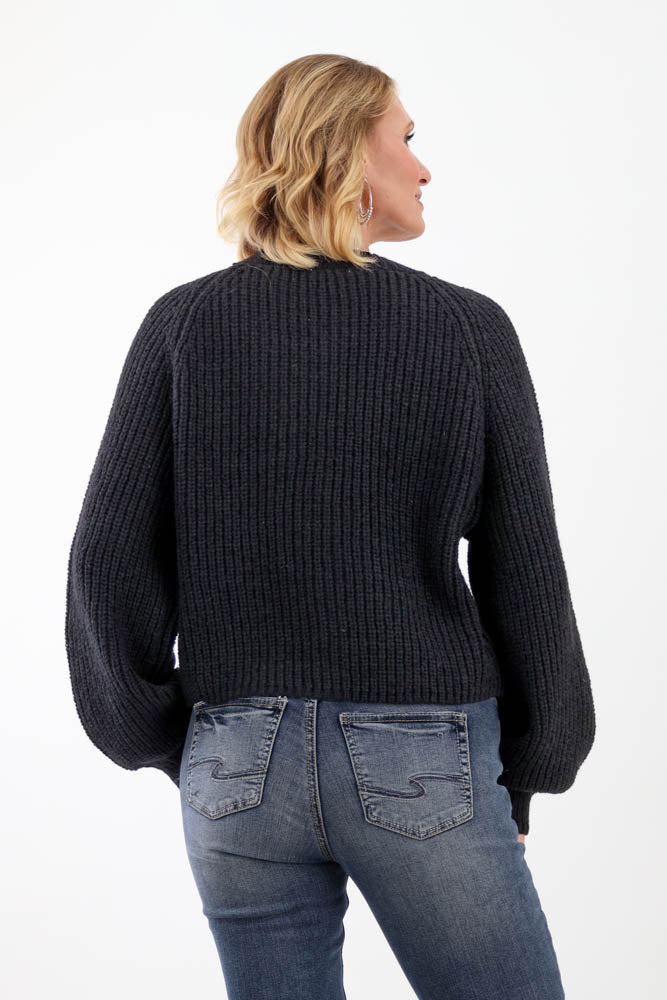 Back of Black Ribbed Cardigan Sweater