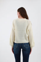 Back of Cream Ribbed Cardigan Sweater