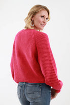 Back of Fuchsia Ribbed Cardigan Sweater