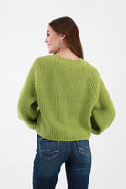 Back of Olive Ribbed Cardigan Sweater