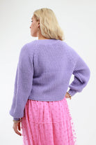 Back of Purple Ribbed Cardigan Sweater