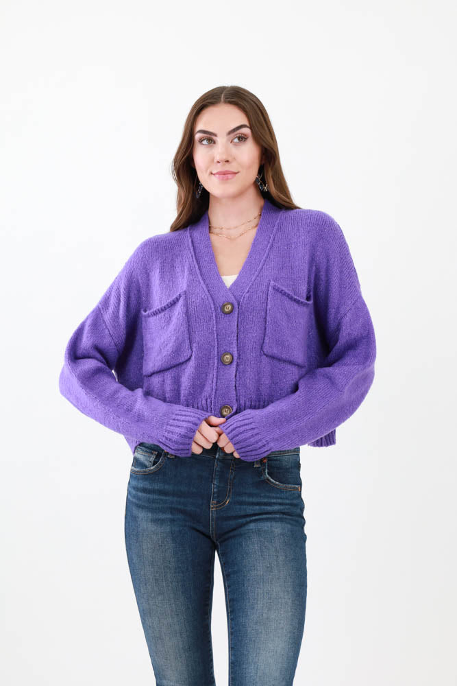 Purple Cropped Cardigan Sweater