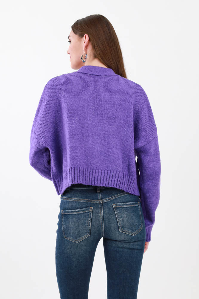 Back of Purple Cropped Cardigan Sweater