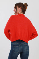 Back of Red Cropped Cardigan Sweater