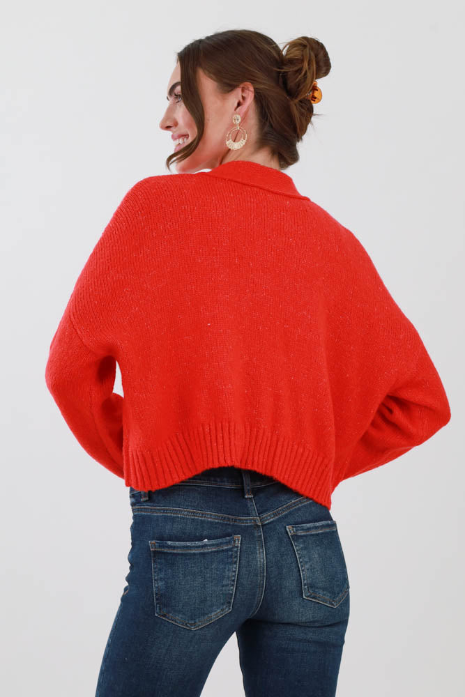 Back of Red Cropped Cardigan Sweater