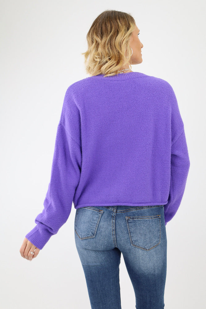 Back of Purple Oversized Cardigan Sweater