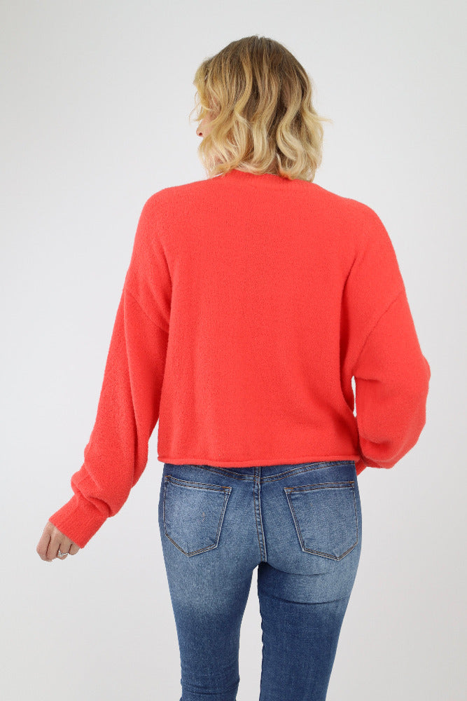 Back of Red Oversized Cardigan Sweater