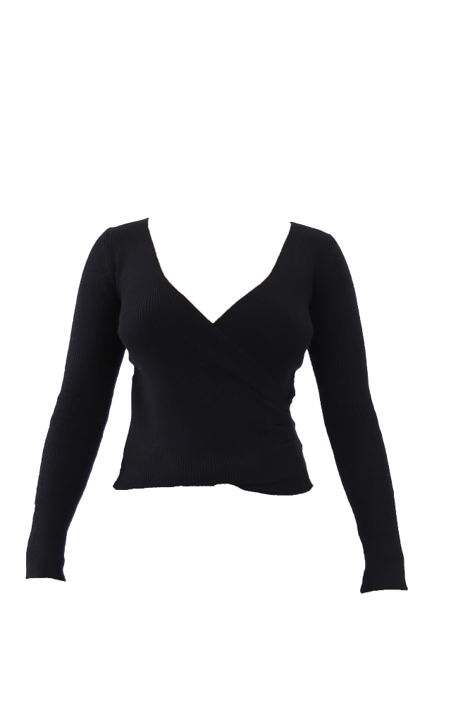 Black Surplice Ribbed Sweater Top Flatlay