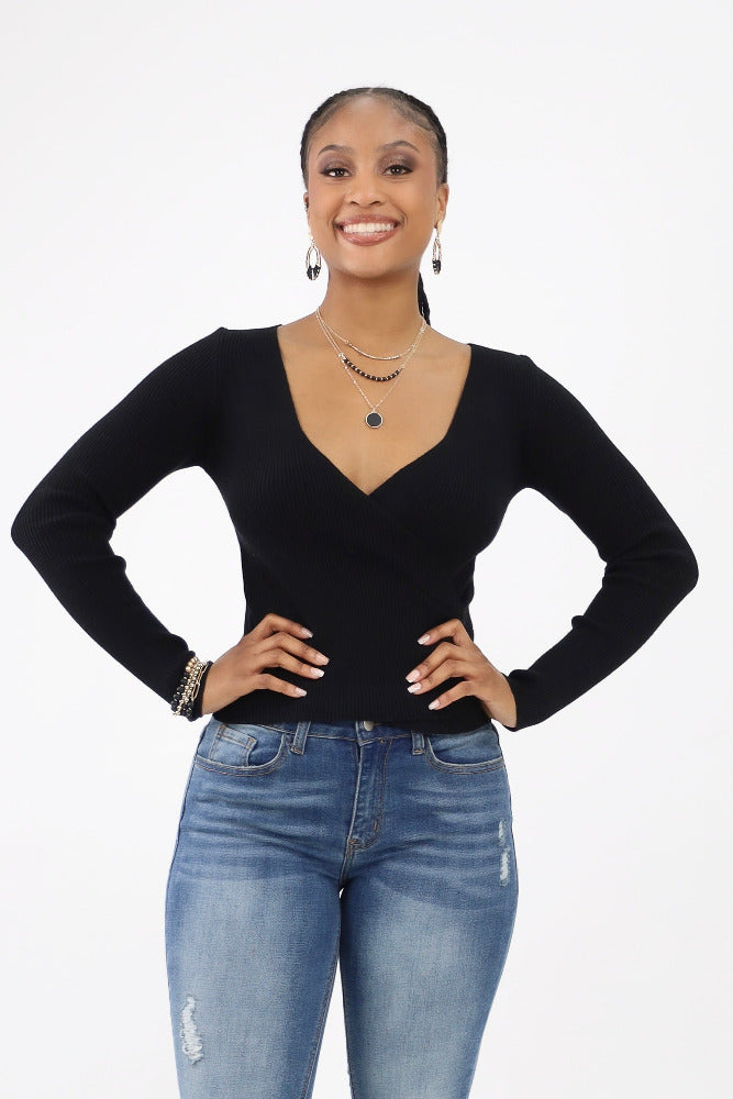 Black Surplice Ribbed Sweater Top