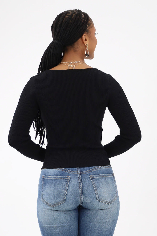 Back of Black Surplice Ribbed Sweater Top