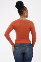 Back of Clay Surplice Ribbed Sweater Top