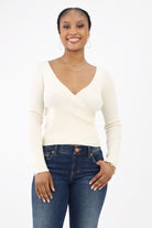 Cream Surplice Ribbed Sweater Top