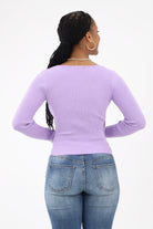 Back of Purple Surplice Ribbed Sweater Top