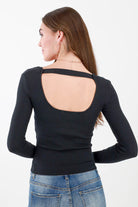 Back of Black Scoop Neck Long Sleeve Top