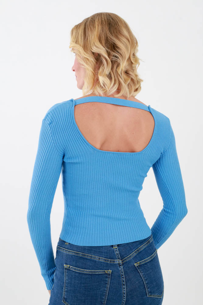 Back of Blue Scoop Neck Long Sleeve Top