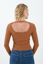 Back of Brown Scoop Neck Long Sleeve Top