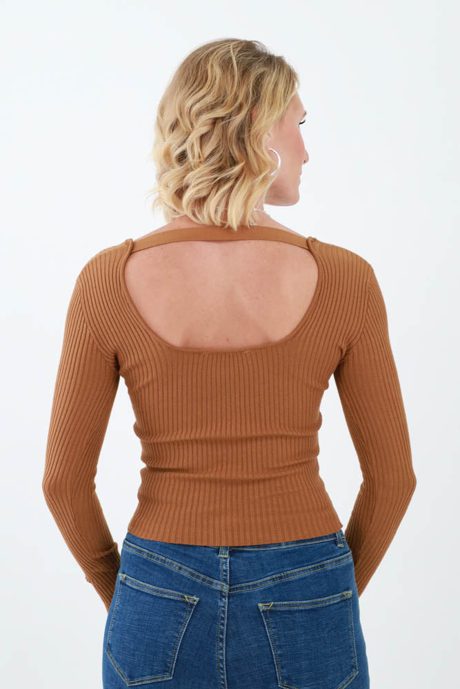 Back of Brown Scoop Neck Long Sleeve Top