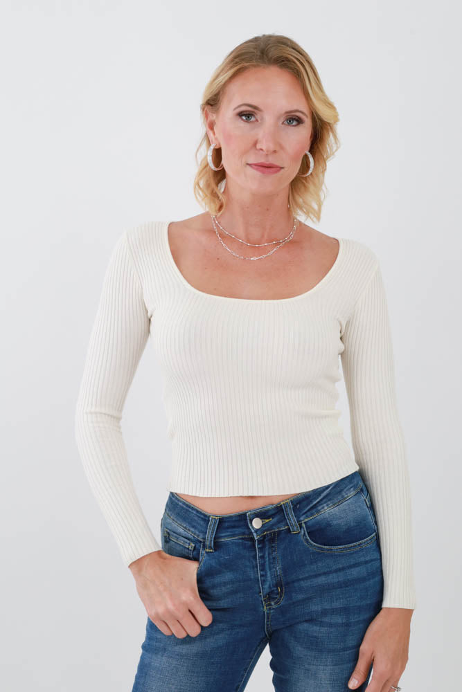 Cream Scoop Neck Long Sleeve Top