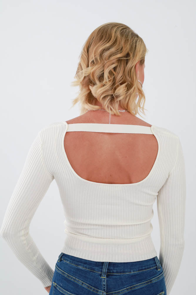 Back of Cream Scoop Neck Long Sleeve Top