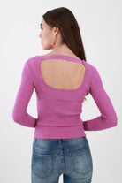 Back of Purple Scoop Neck Long Sleeve Top