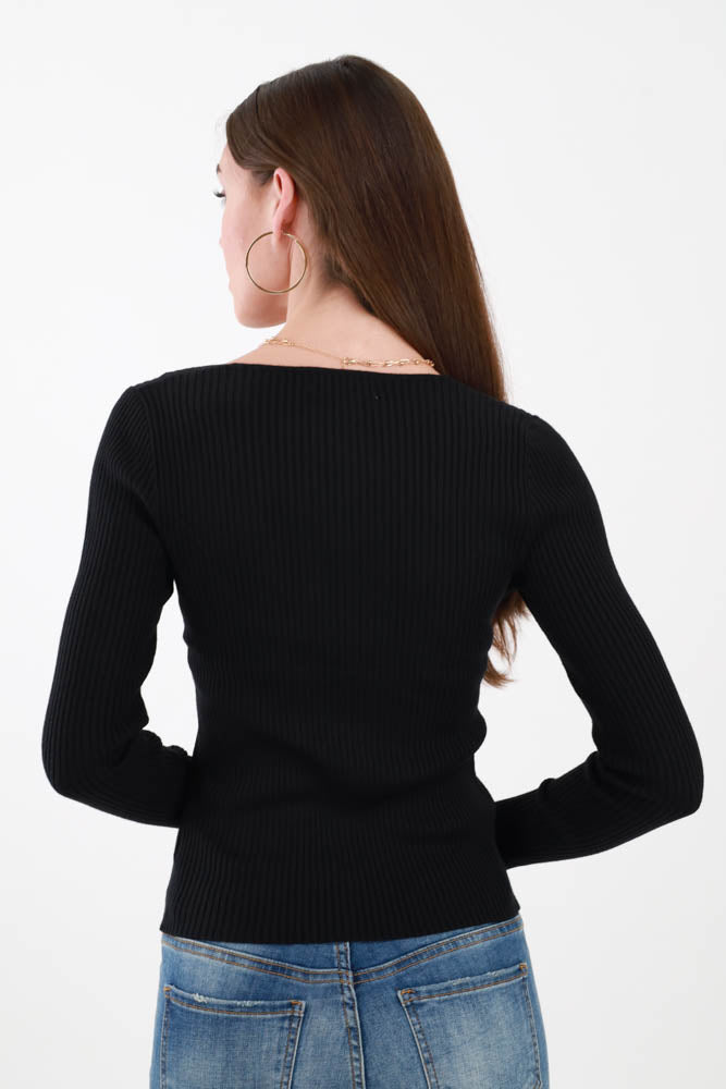 Back of Black Ribbed V Neck Top