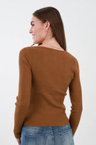 Back of Brown Ribbed V Neck Top