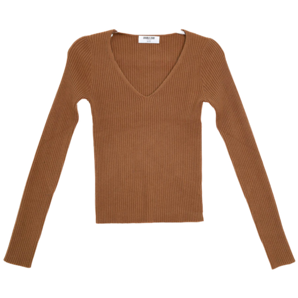 Brown Ribbed V Neck Top Flatlay