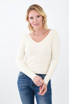 Cream Ribbed V Neck Top